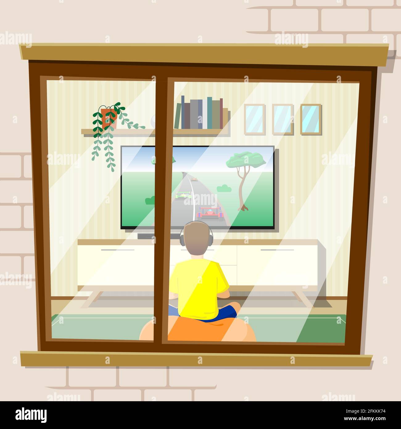 The concept of human life, vector. The outer wall of the house with a window in which people. The boy in headphones sits in front of the TV, plays a g Stock Vector