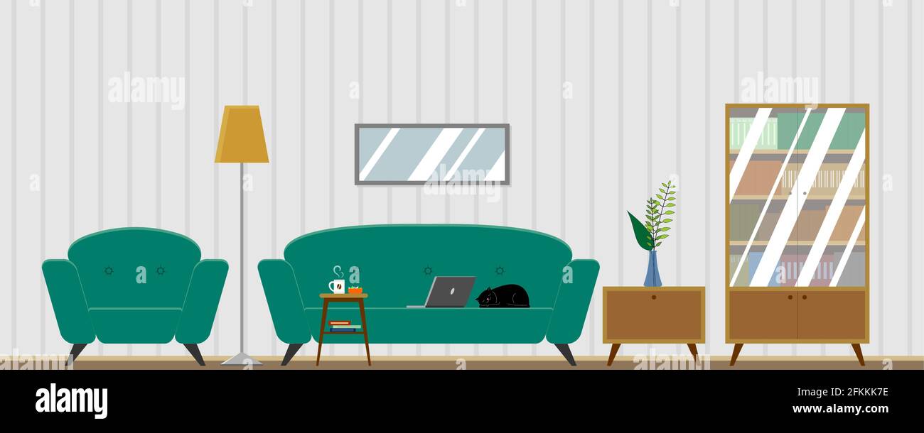 Vector living room interior with furniture. Comfortable chair, laptop on the couch, working from home, bookcase, houseplant, lamp, coffee table, cat. Stock Vector