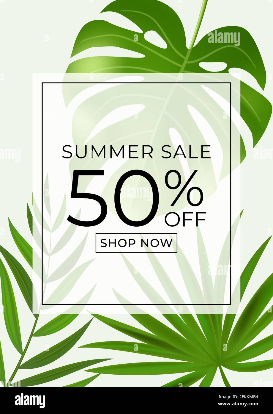 Summer sale poster. Natural Background with Tropical Palm and Monstera ...