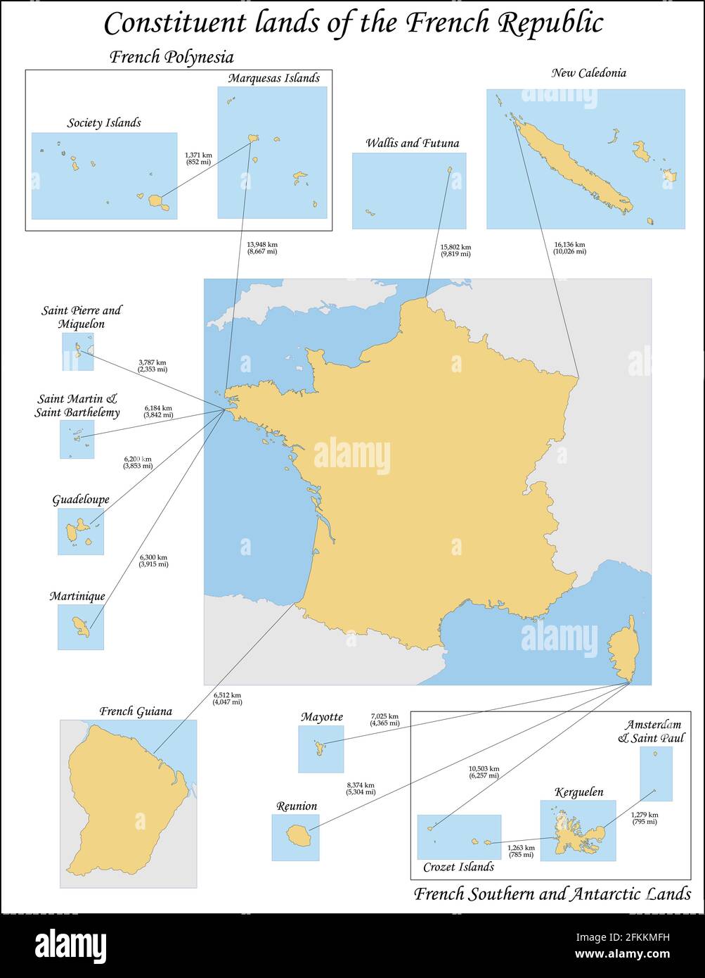 Overseas France consists of the French-administered territories outside Europe Stock Vector