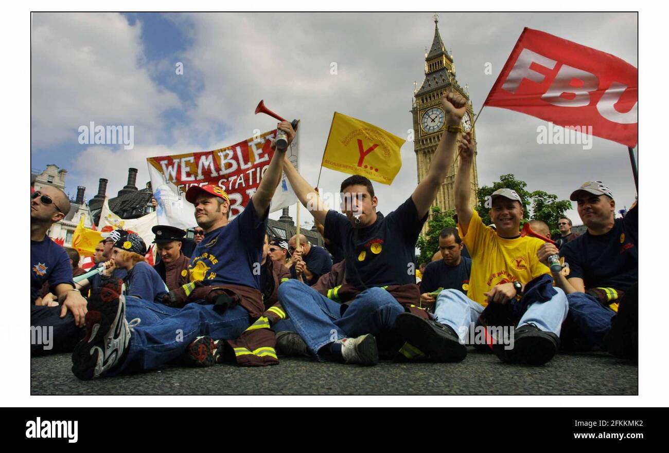 Firemen from all over the UK converged to demonstrate outside Central Methodist Church Hall where negotiations were taking place reguarding their pay .pic David Sandison 2/9/2002 Stock Photo