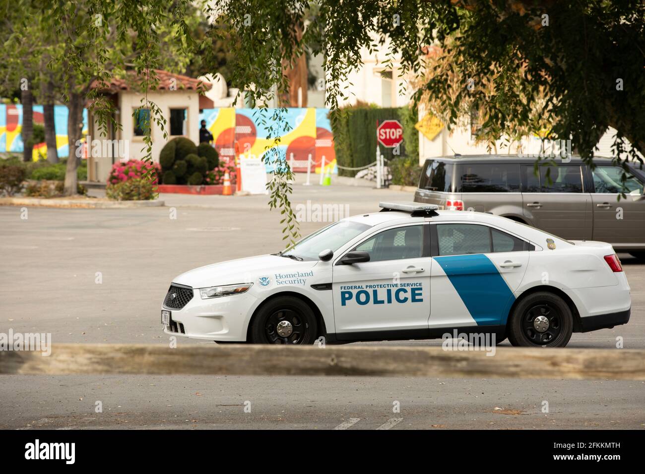 Pomona, California, USA - May 1, 2020: A department of Homeland Security squad car parks outside the Pomona Fairplex, which is receiving an influx of Stock Photo