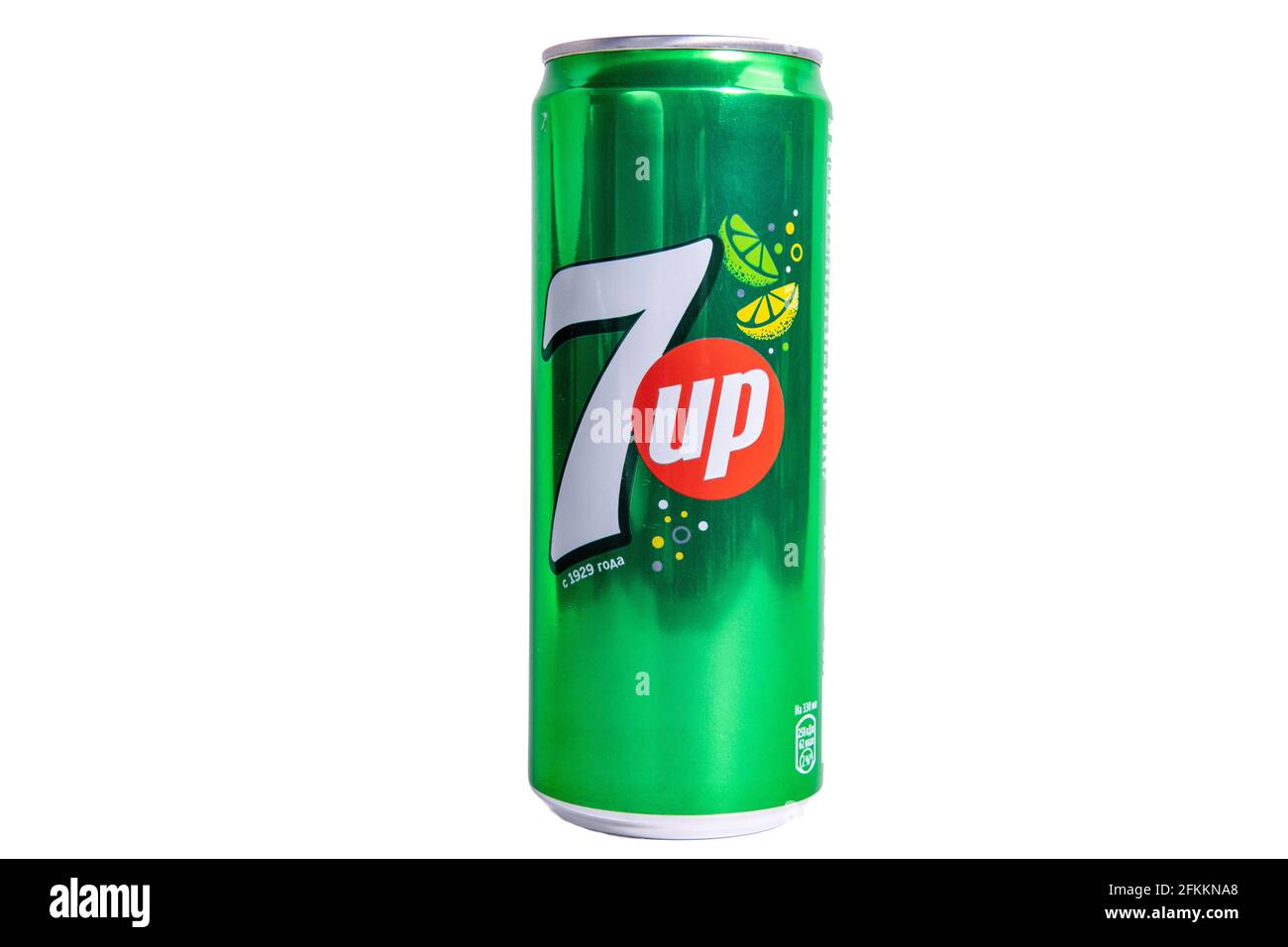 Tyumen, Russia-april 26, 2021: 7 Up is a brand of lemon-lime flavored isolated on white background. Stock Photo