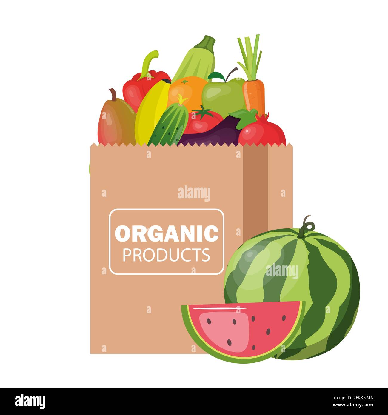Paper package with fresh healthy products. Organic food from the farm. Vegetables and fruits. Food delivery. Vector flat illustration Stock Vector