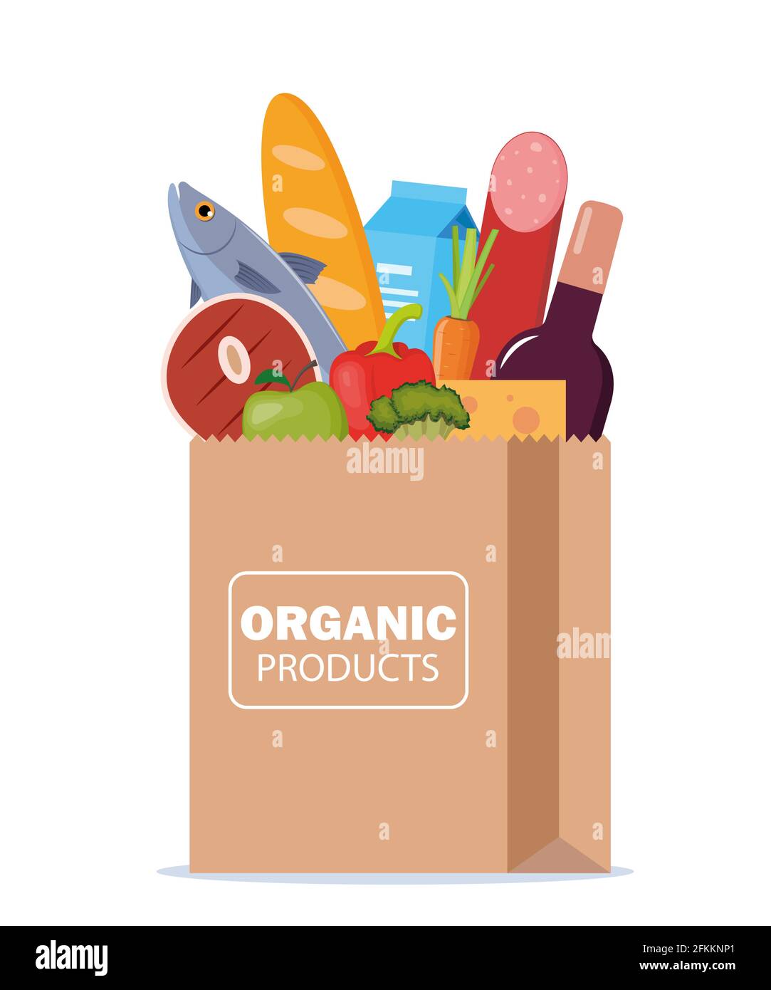Paper package with fresh healthy products. Organic food from the farm. Vegetables, bread, dairy products, vine, meat, fish and fruits. Food delivery. Stock Vector