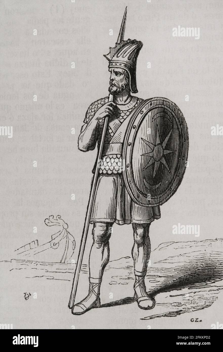 Ancient history. Phoenician warrior. Engraving. Historia General de España by Father Mariana. Madrid, 1852. Stock Photo