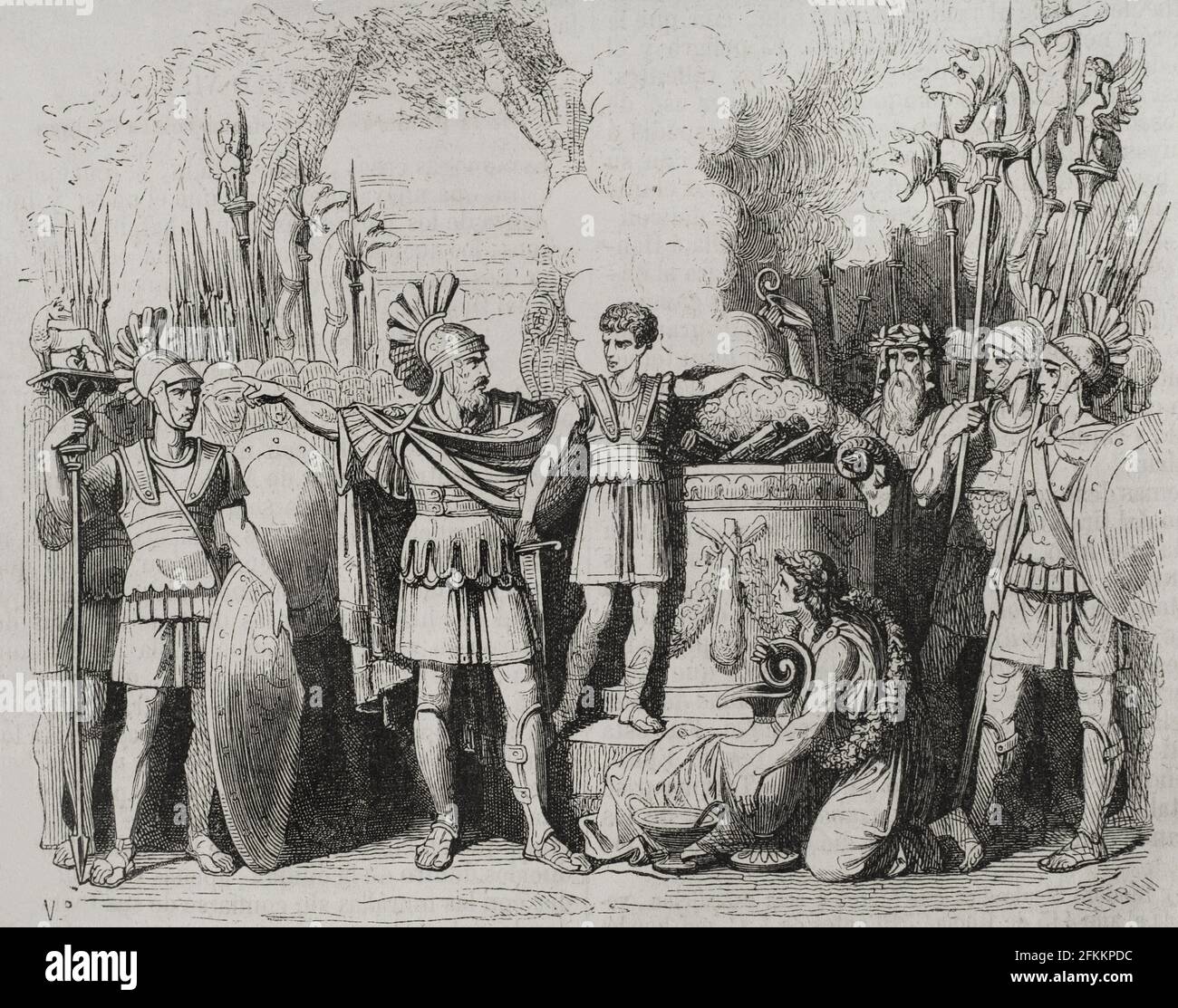 Hannibal Barca (247-183 BC). Carthaginian general and statesman. Hannibal in the Temple of Carthage with his father Hamilcar Barca, at the age of nine, taking an oath of eternal hatred of Rome by dipping his hands in the blood of the sacrificed animal. Engraving by Severini. Historia General de España by Father Mariana. Madrid, 1852. Stock Photo
