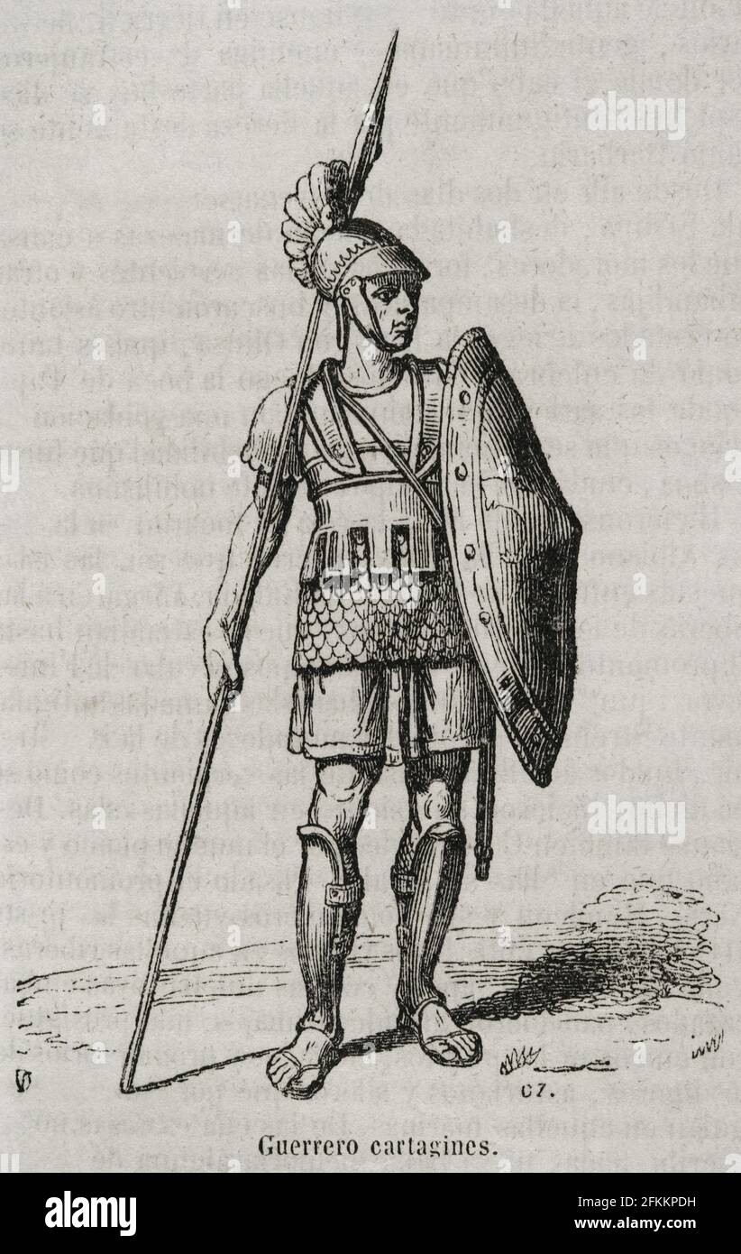 Carthaginian warrior. Engraving. Historia General de España by Father Mariana. Madrid, 1852. Stock Photo