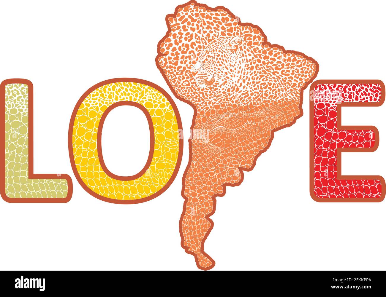 Love South America of map colored background with jaguar and crocodile Stock Vector