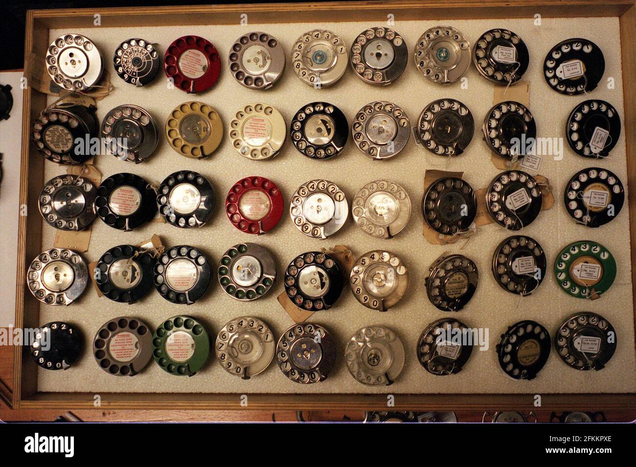 DIAL P FOR PROFIT A SELECTION OF TELEPHONE DIALS DATING FROM 1914 IN THE STORE ROOM AT THE BT MUSEUM. Stock Photo