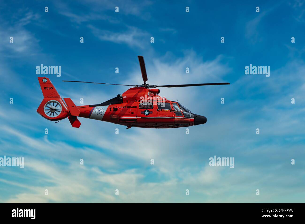 An Atlantic City Coast Guard helicopter in flight. Stock Photo