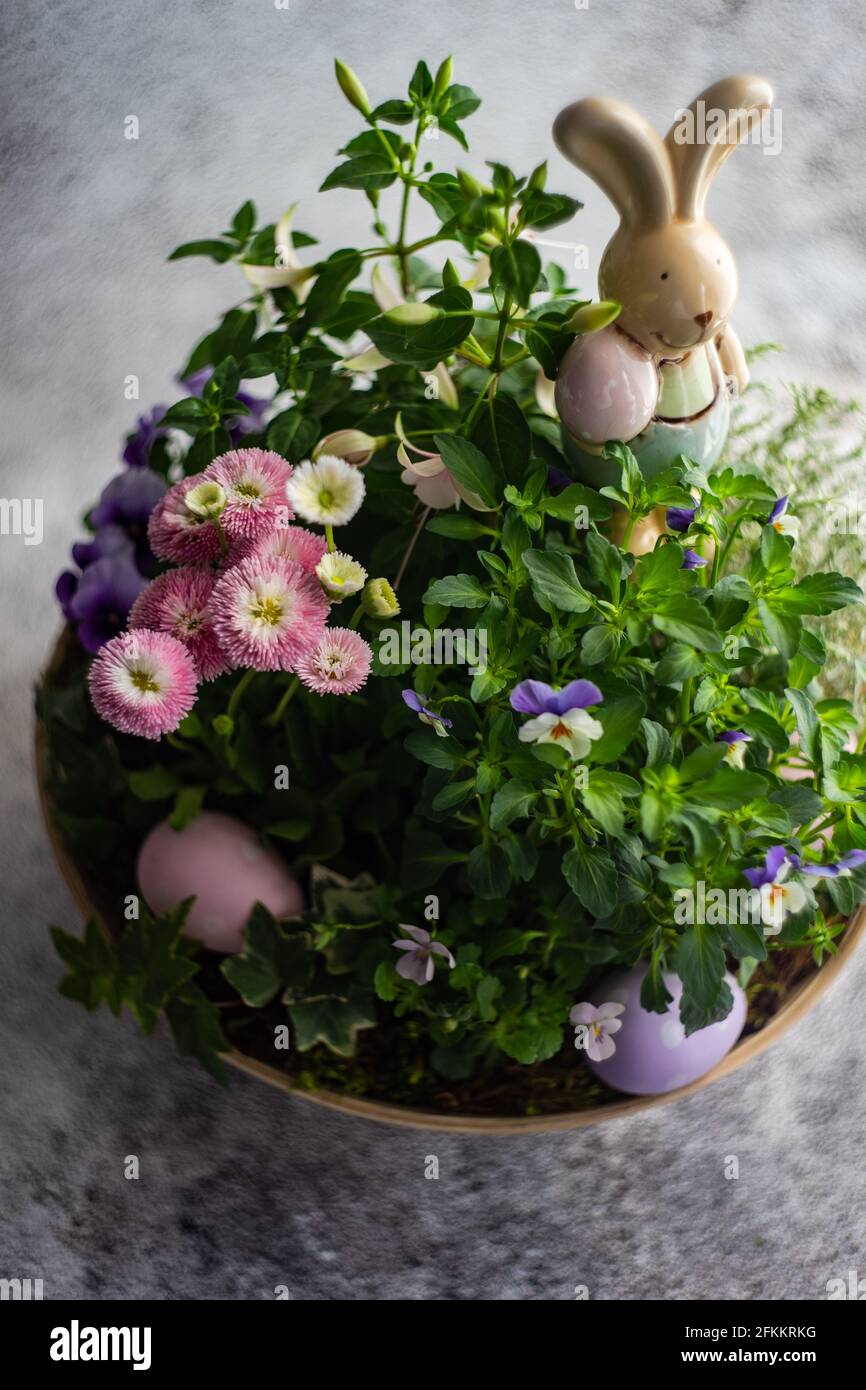 Easter floral composition with spring flowers and colored eggs Stock ...