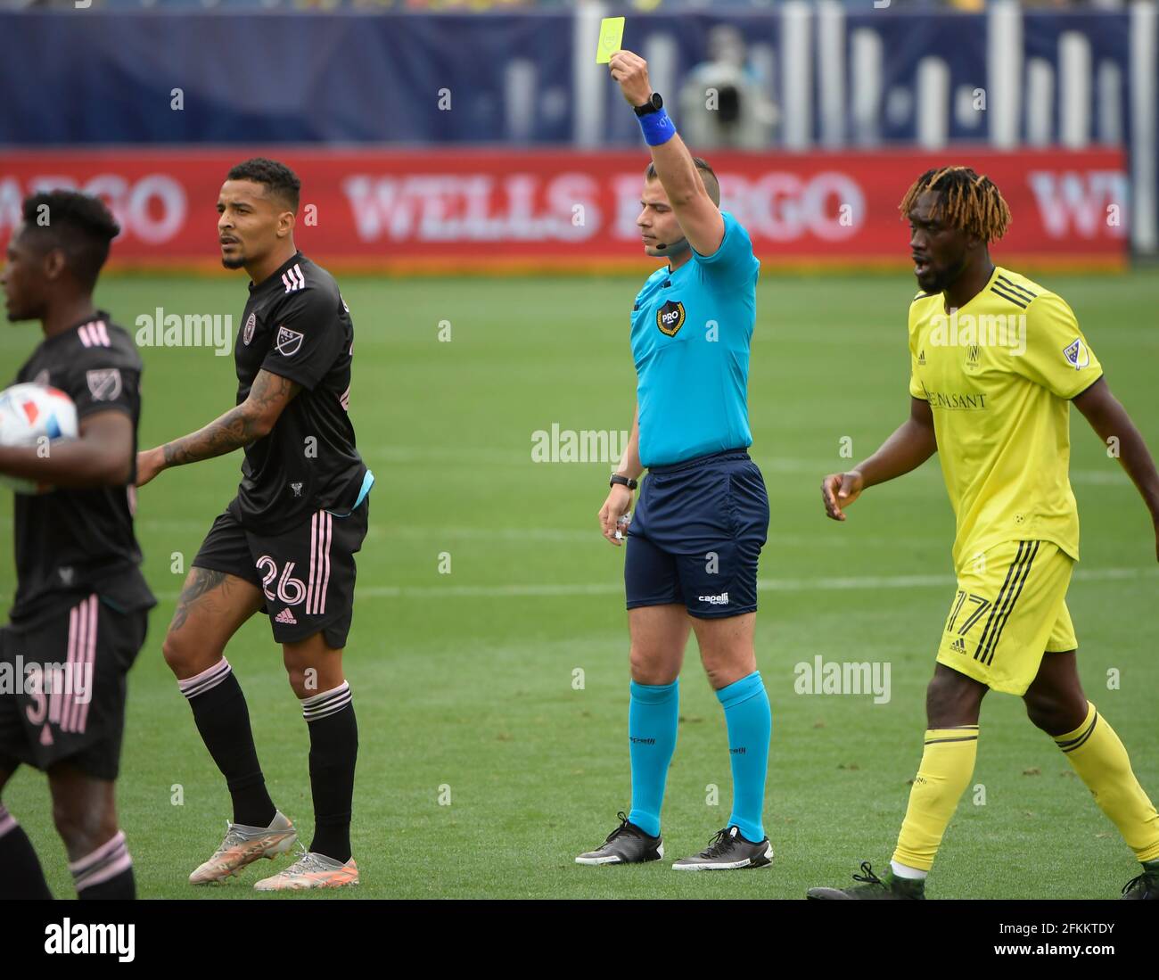 May 2, 2021: Inter Miami CF midfielder Gregore (26) is issued a yellow card against the Nashville SC during the second half of an MLS game between the Inter Miami CF and the Nashville SC at Nissan Stadium in Nashville TN (Mandatory Photo Credit: Steve Roberts/CSM) Stock Photo