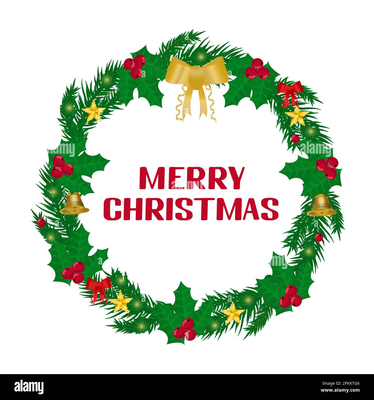 Merry Christmas lettering with wreath of fir tree branches and holly ...