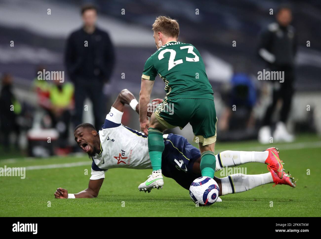 Sheffield United's Ben Osborn tackles Tottenham Hotspur's Serge Aurier during the Premier League match at the Tottenham Hotspur Stadium, London. Issue date: Sunday May 2, 2021. Stock Photo
