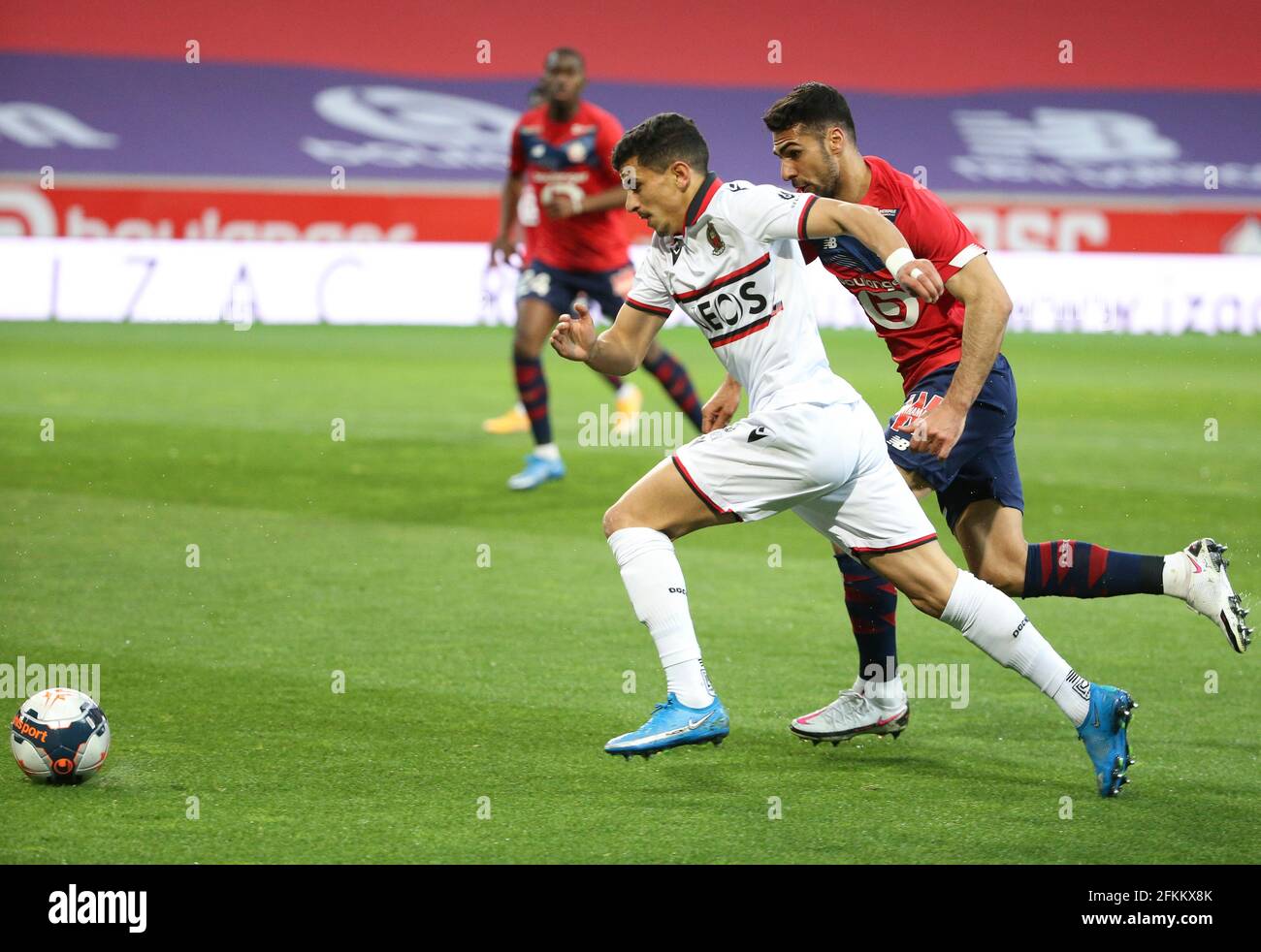 Youcef Atal of Nice, Mehmet Zeki Celik of Lille during the French  championship Ligue 1 football match between Lille OSC (LOSC) and OGC Nice ( OGCN) on May 1, 2021 at Stade Pierre