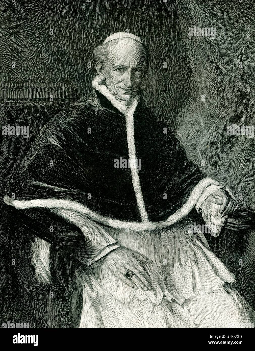 The 1896 caption reads: “ Pope Leo XIII engraved by T Johnson after photograph of painting by Lenbach in Munich.” Pope Leo III was the bishop of Rome and ruler of the Papal States from 26 December 795 to his death. Protected by Charlemagne from the supporters of his predecessor, Adrian I, Leo subsequently strengthened Charlemagne's position by crowning him emperor. Stock Photo