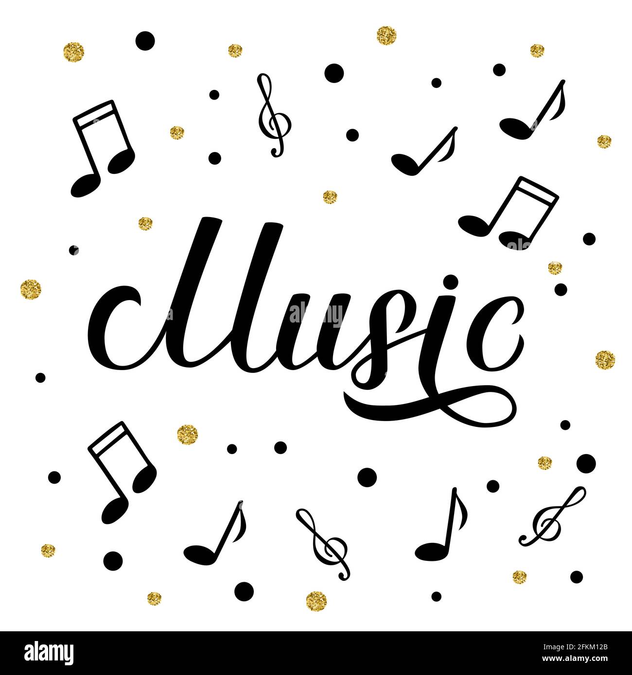 Music calligraphy hand lettering. Karaoke bar, Musical shop or record studio sign. Treble clef sheet music symbols. Vector illustration. Easy to edit Stock Vector
