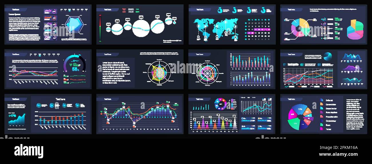 Dark Presentation slide with gradient graphic elements. Business report ...