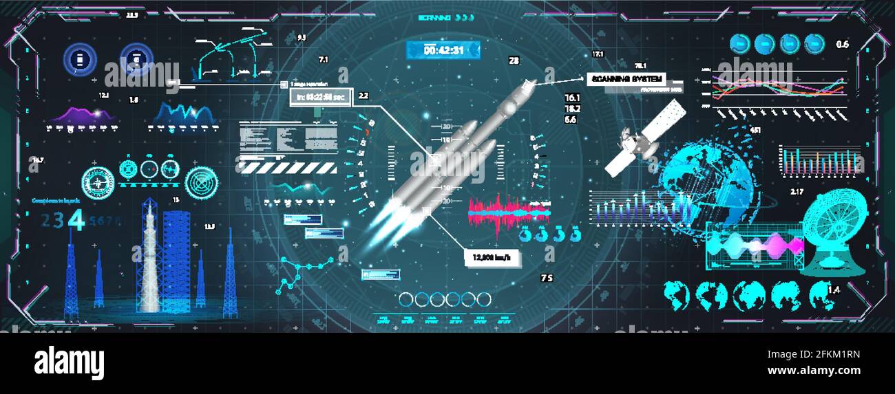 Rocket launch and flight, dashboard, HUD style control center. Set of space elements for GUI, UI, UX and education App. Sci-fi 3D elements with HUD Stock Vector