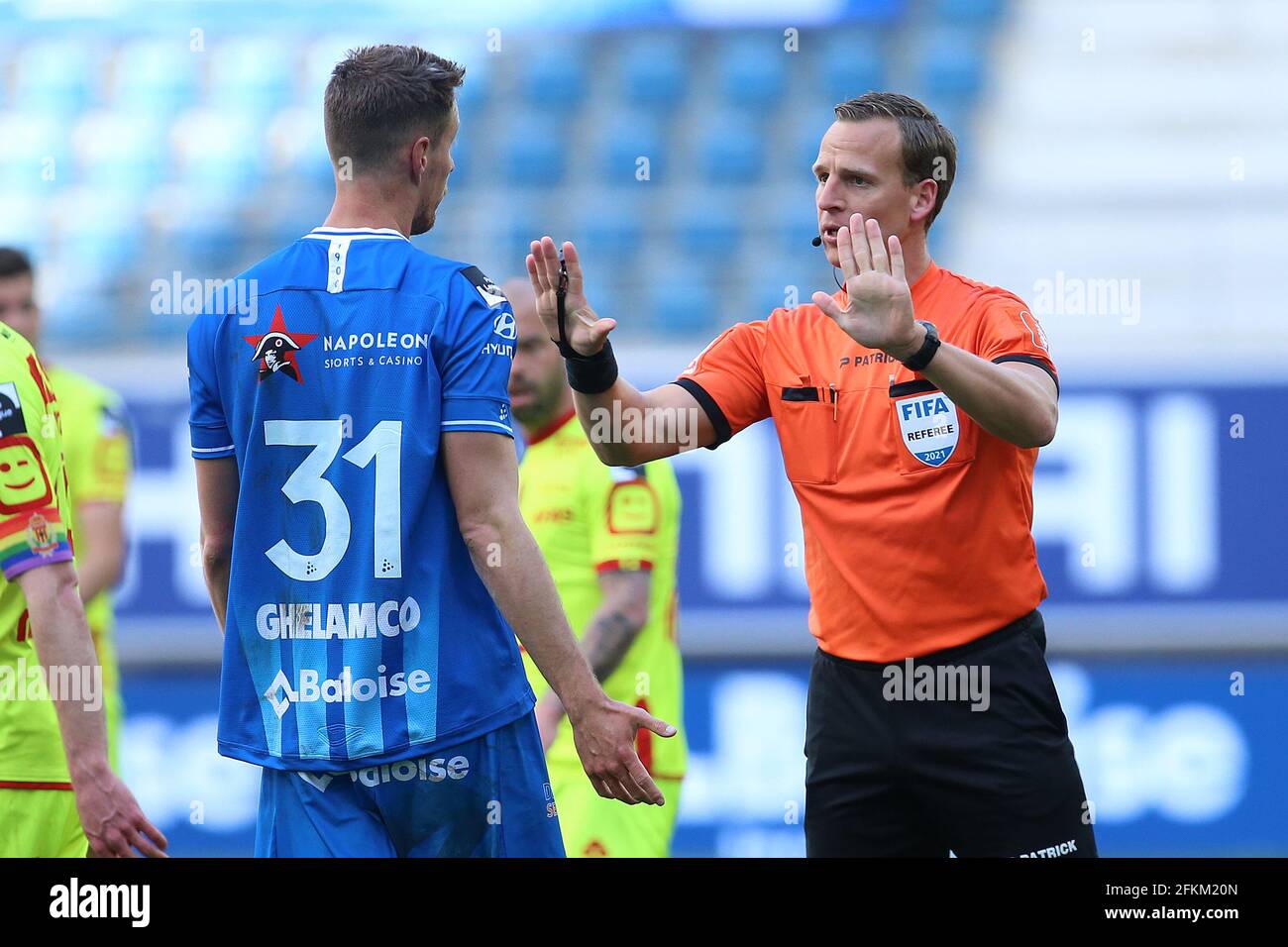 Gent Belgium May 2 Bruno Godeau Of Kaa Gent Referee Nathan Verboomen During The Jupiler Pro League Europa League Play Offs Match Between Kaa Ghent And Kv Mechelen At Ghelamco Arena On