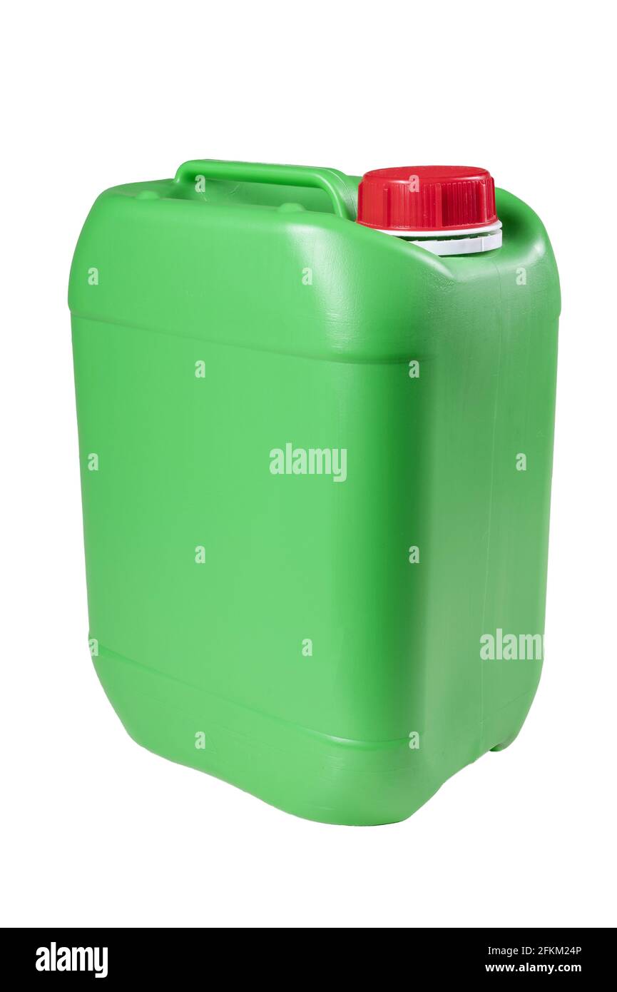 Green plastic chemical container. 5 liter liquid packaging. Isolated