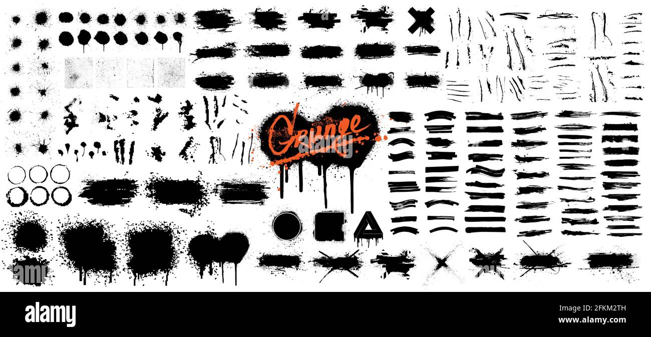 Diverse set of black paint - ink brush strokes, brushes, lines, spray, ink splash , mud and other Dirty artistic design elements. Spray graffiti Stock Vector