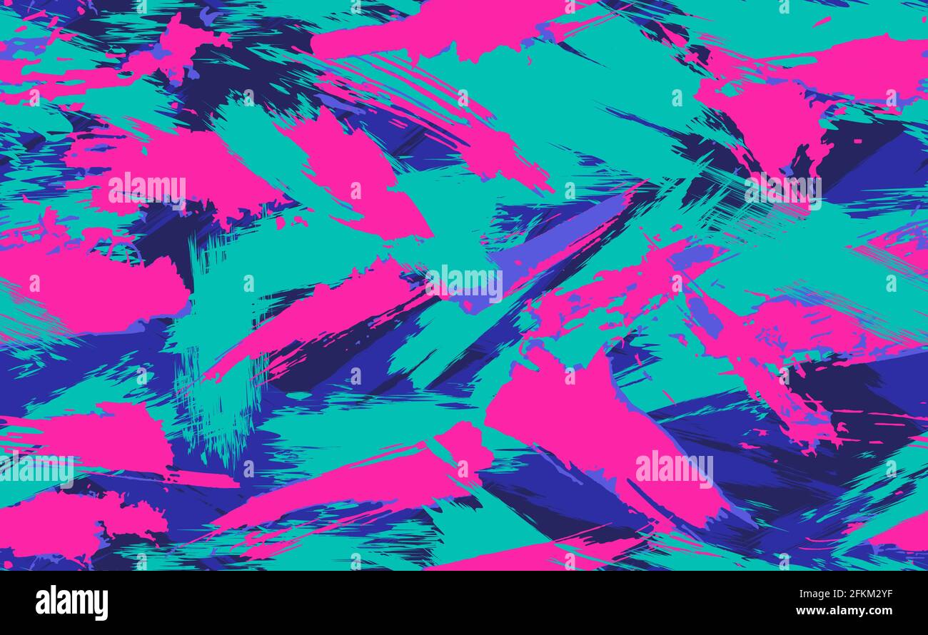 Neon Seamless camouflage pattern of brush strokes. Multicolor camouflage in cyberpunk style with neon flowers, perfect for clothes. Seamless pattern Stock Vector
