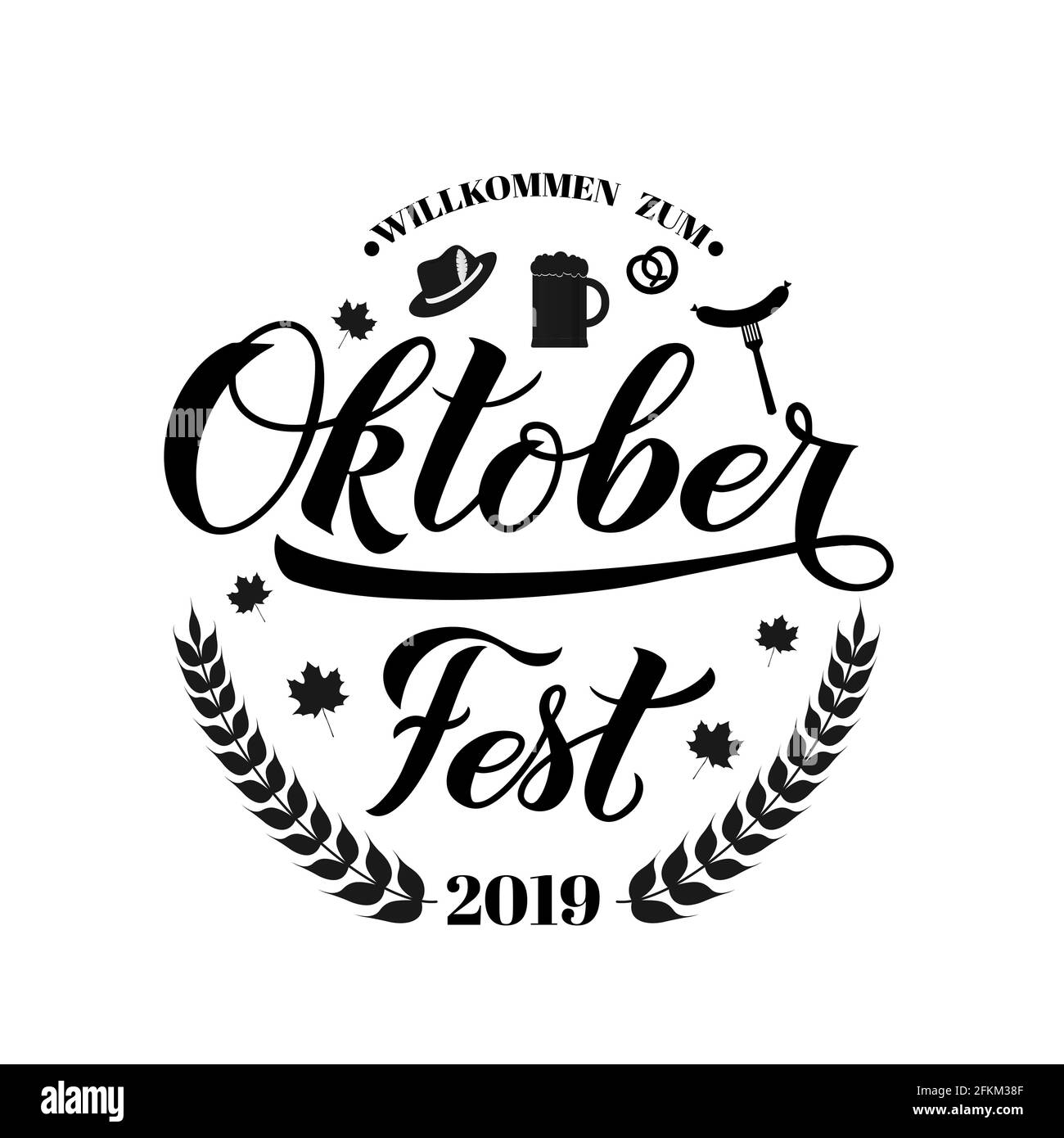 Oktoberfest calligraphy hand lettering with barley branch, hat, pretzel, and mug. Traditional Bavarian beer festival. Easy to edit vector template for Stock Vector