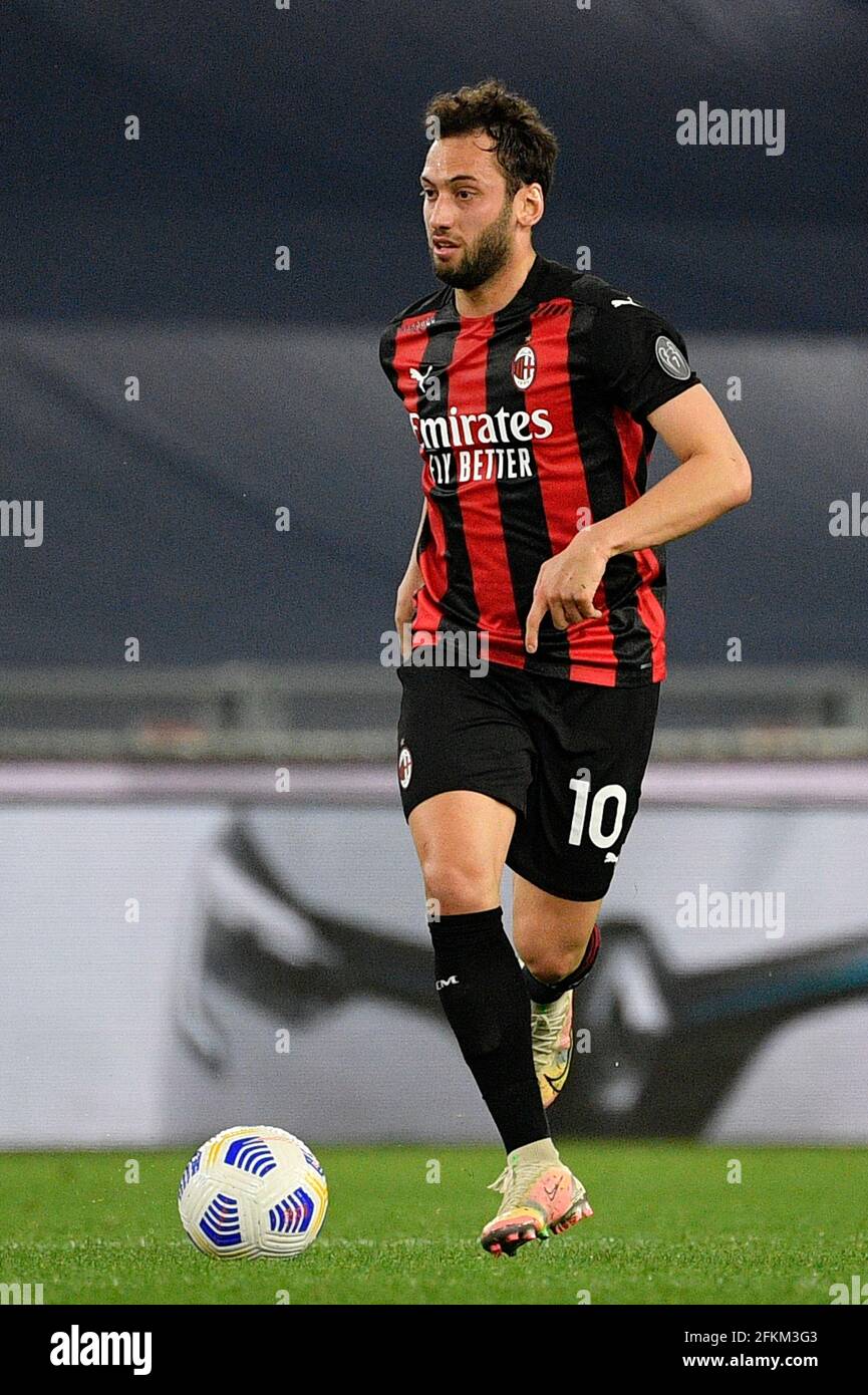 Hakan Calhanoglu of AC Milan in action during the 2020-2021 Italian Serie A  Championship League match between S.S. Lazio and AC Milan at Stadio  Olimpico.Final score; S.S. Lazio 3:0 AC Milan Stock