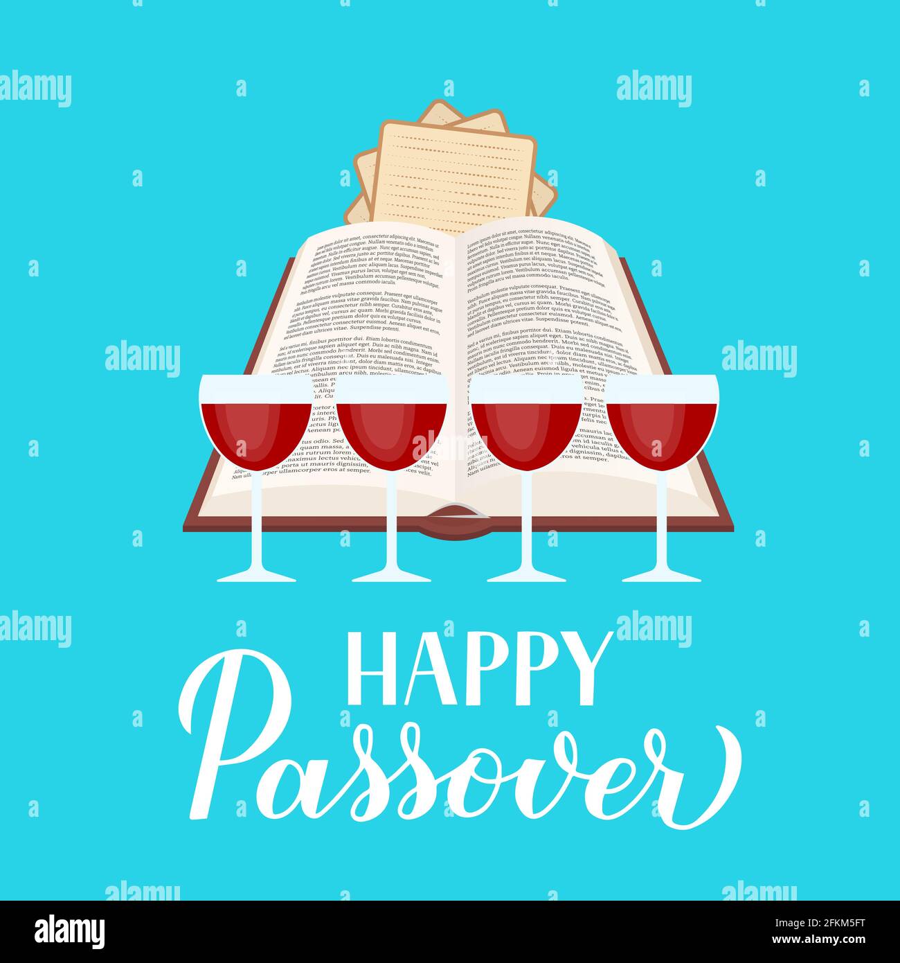 Happy Passover calligraphy hand lettering with Haggadah book, glasses of wine and matzo. Jewish holiday typography poster. Vector template for, greeti Stock Vector