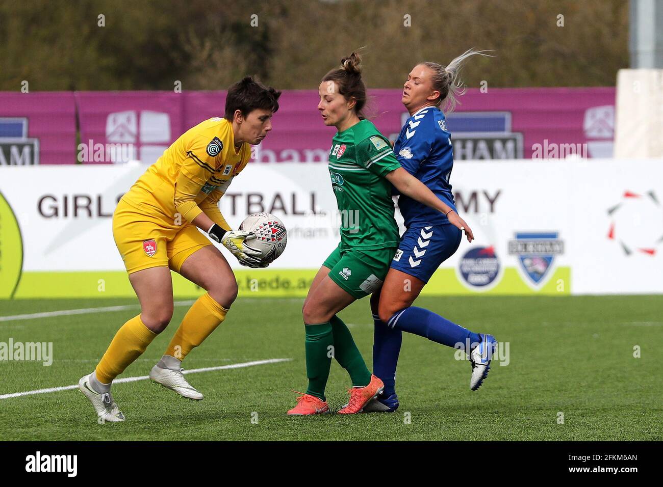 DURHAM CITY, UK. MAY 2ND Coventry United's Becky ANDERSON shields goalkeeper Sue WOOD from Durham Women's Bridget GALLOWAY during the FA Women's Championship match between Durham Women FC and Coventry United at Maiden Castle, Durham City on Sunday 2nd May 2021. (Credit: Mark Fletcher | MI News) Credit: MI News & Sport /Alamy Live News Stock Photo