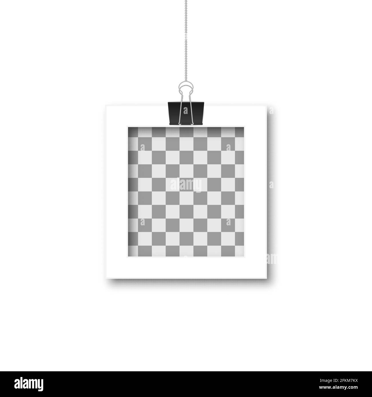 Realistic empty paper photo frame hanging by binder clips on white wall ...