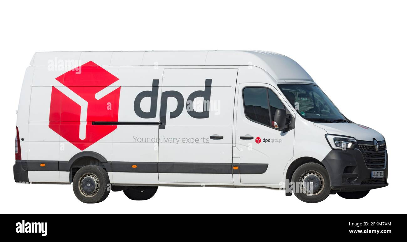 side view of DPD delivery van with red company logo, cut out Stock Photo
