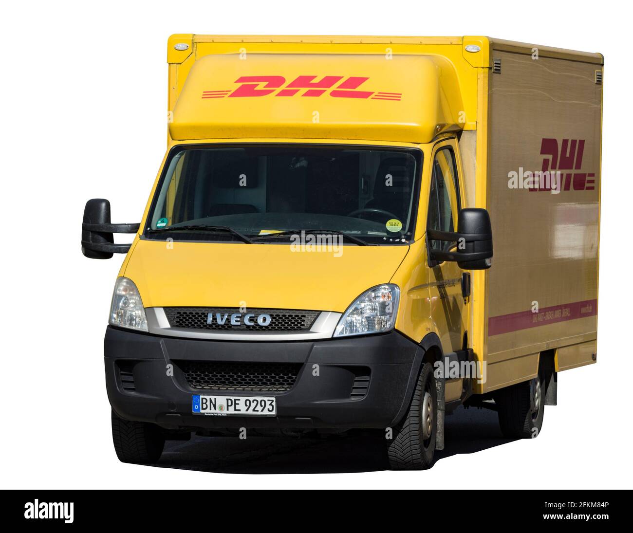 cut out of yellow DHL parcel delivery vehicle Stock Photo