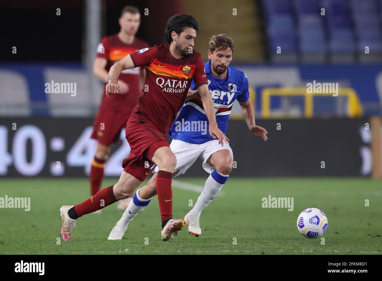 Genoa, Italy, 2nd May 2021. Gaston Ramirez of UC Sampdoria pursues Javier Pastore of AS Roma during the Serie A match at Luigi Ferraris, Genoa. Picture credit should read: Jonathan Moscrop / Sportimage Stock Photo