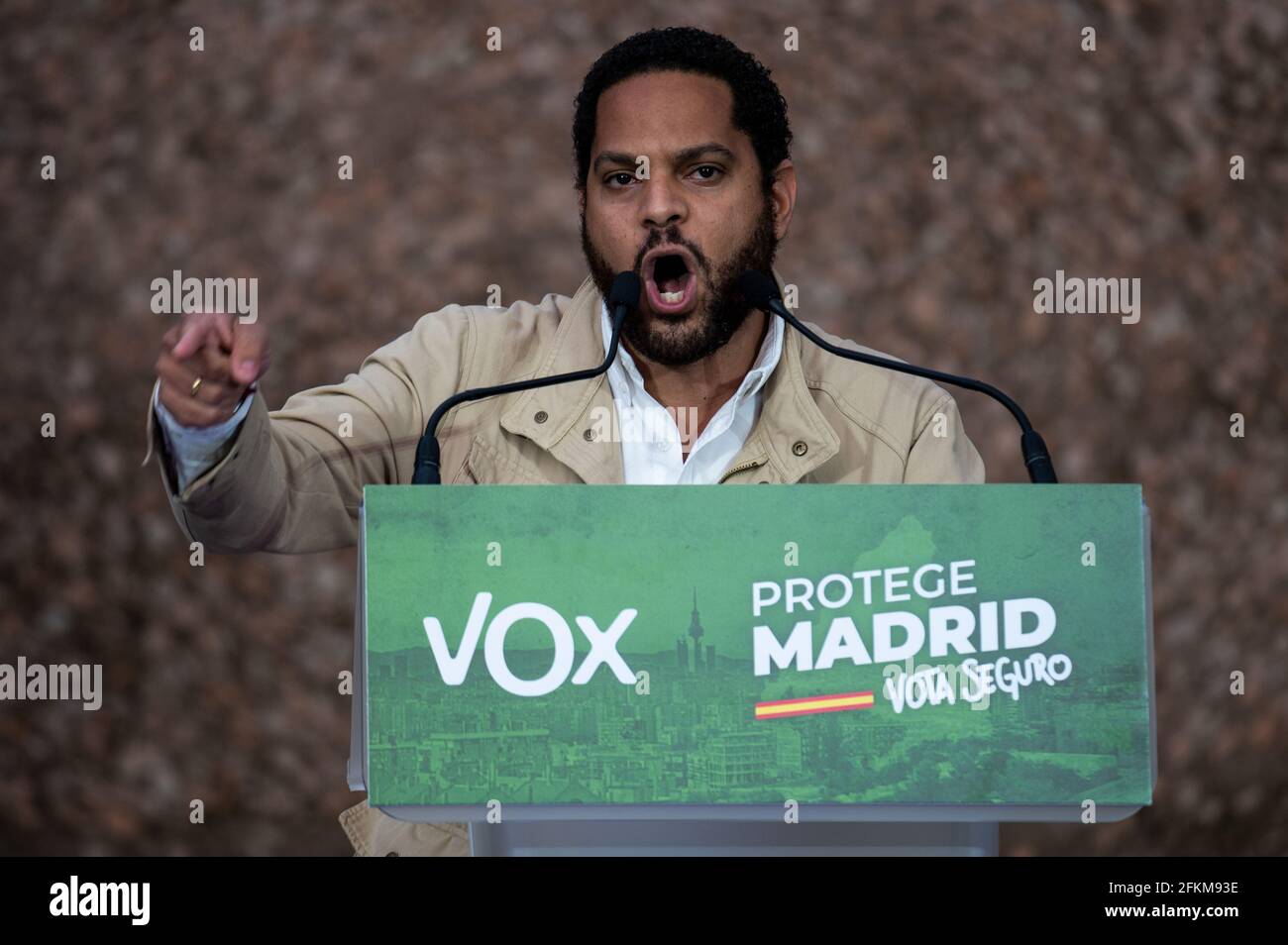 Madrid, Spain. 02nd May, 2021. Ignacio Garriga of far right wing VOX party during a rally of the last day of campaign ahead of Madrid regional elections that will take place on the 4th of May 2021. Credit: Marcos del Mazo/Alamy Live News Stock Photo