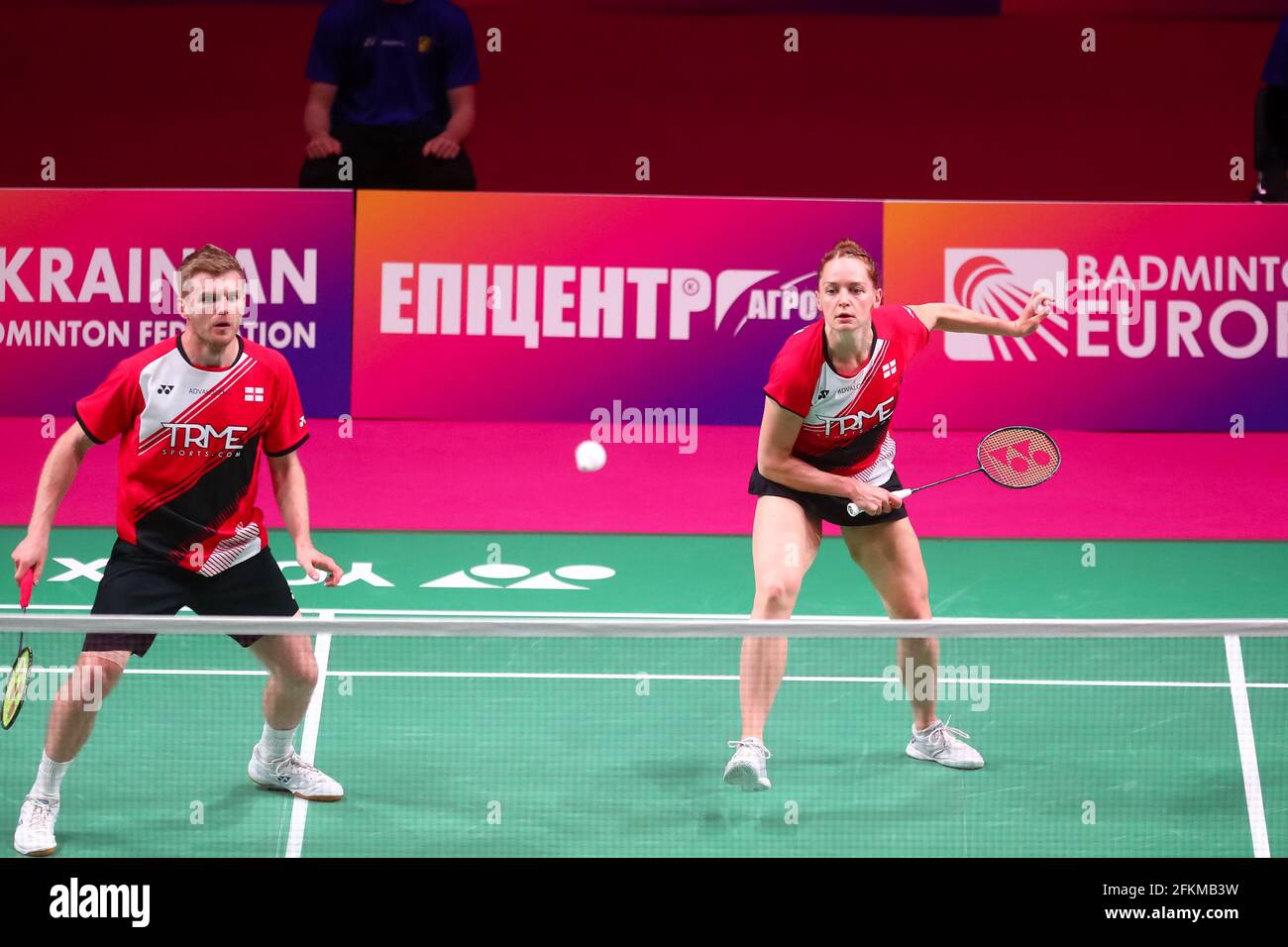 KYIV, UKRAINE - MAY 2: Marcus Ellis of England and Lauren Smith of England compete in their Mixed Doubles Final match against Rodion Alimov of Russia Stock Photo