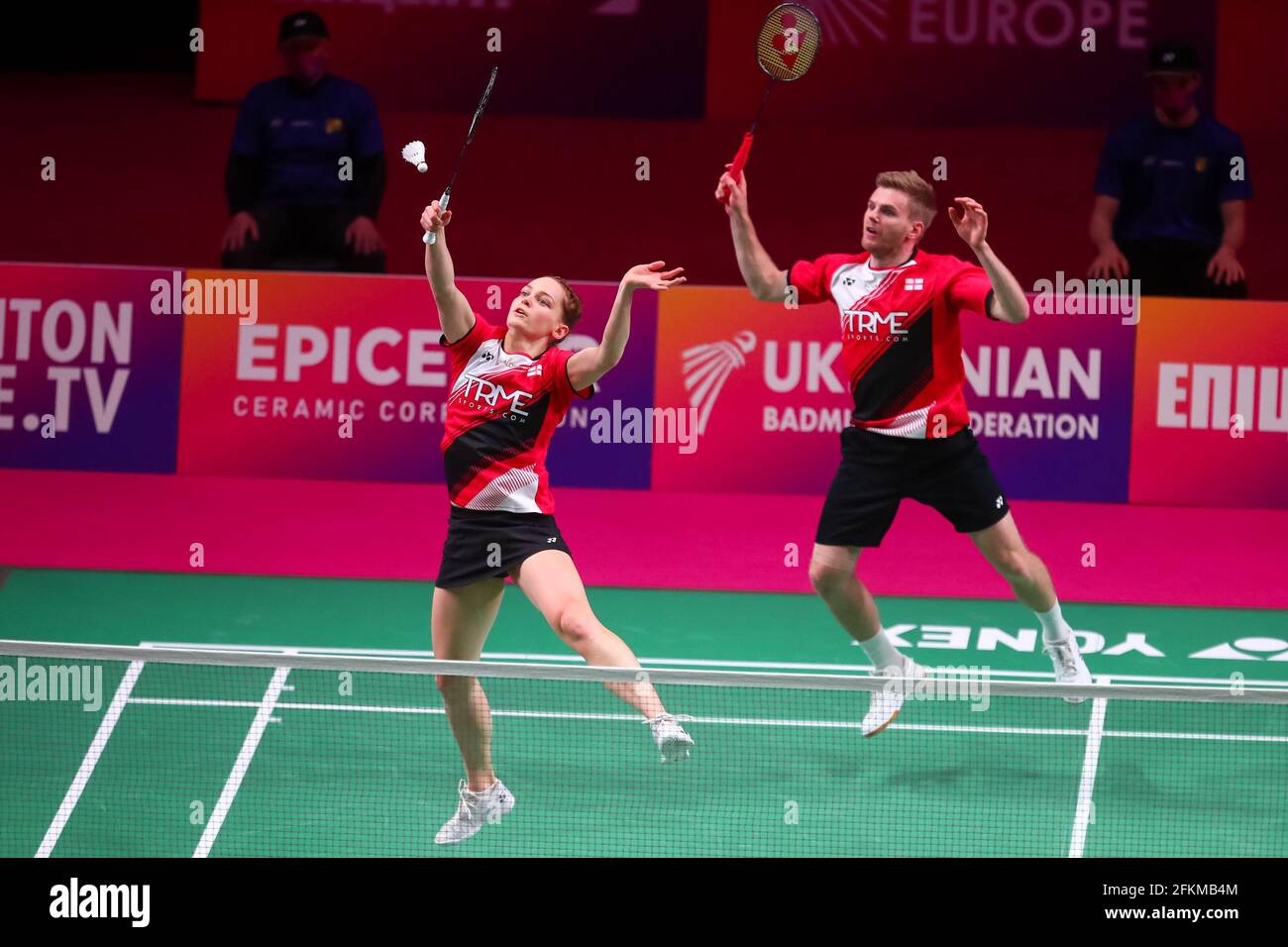 KYIV, UKRAINE - MAY 2: Marcus Ellis of England and Lauren Smith of England compete in their Mixed Doubles Final match against Rodion Alimov of Russia Stock Photo