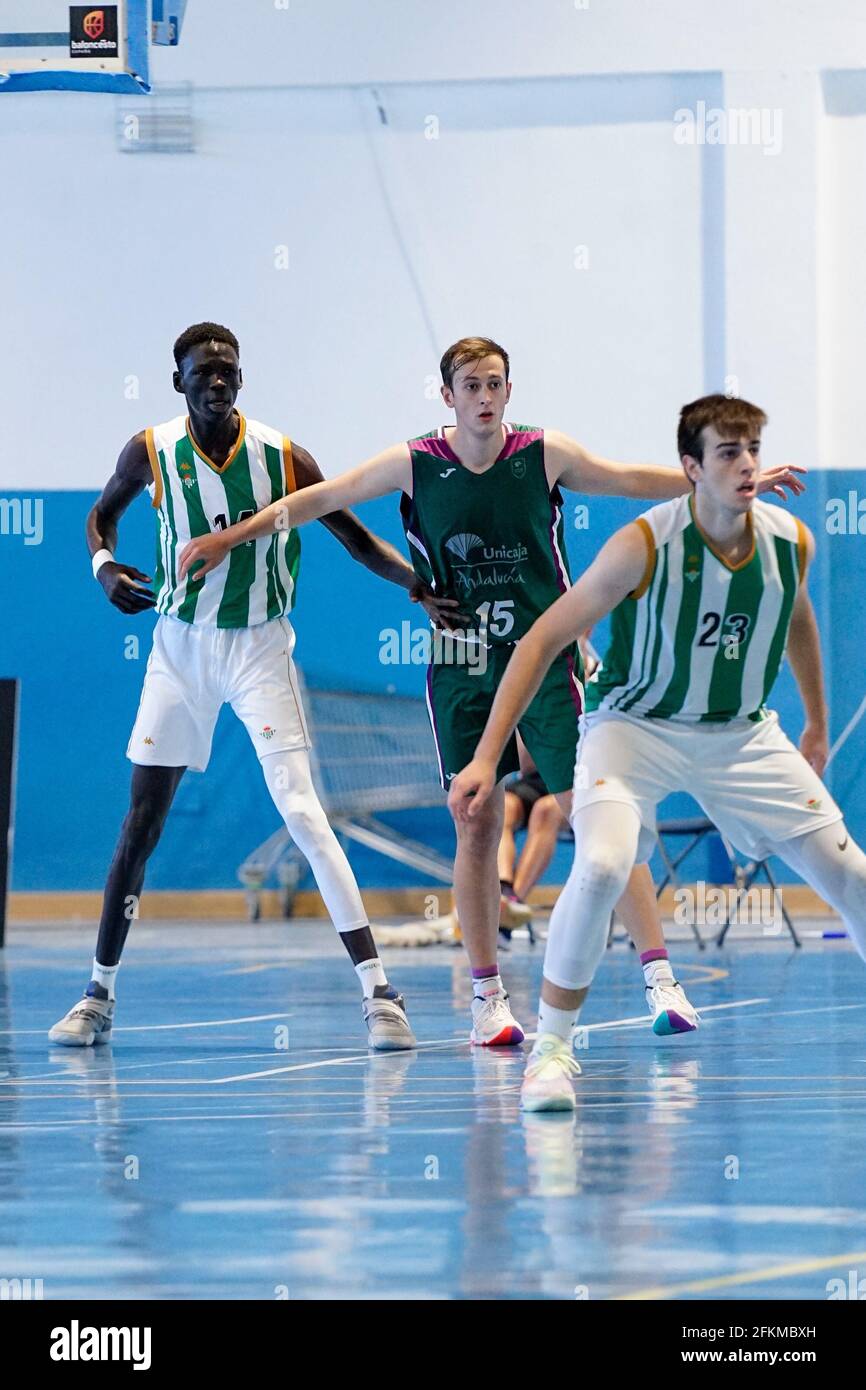 L to R) Demba Sheriff, Pablo Leon and Diogo Saraiva in action during the  Andalusia Basketball Championship U19 final game between CB Unicaja and  Real Betis Baloncesto at Ciudad Deportiva Regino Hernandez