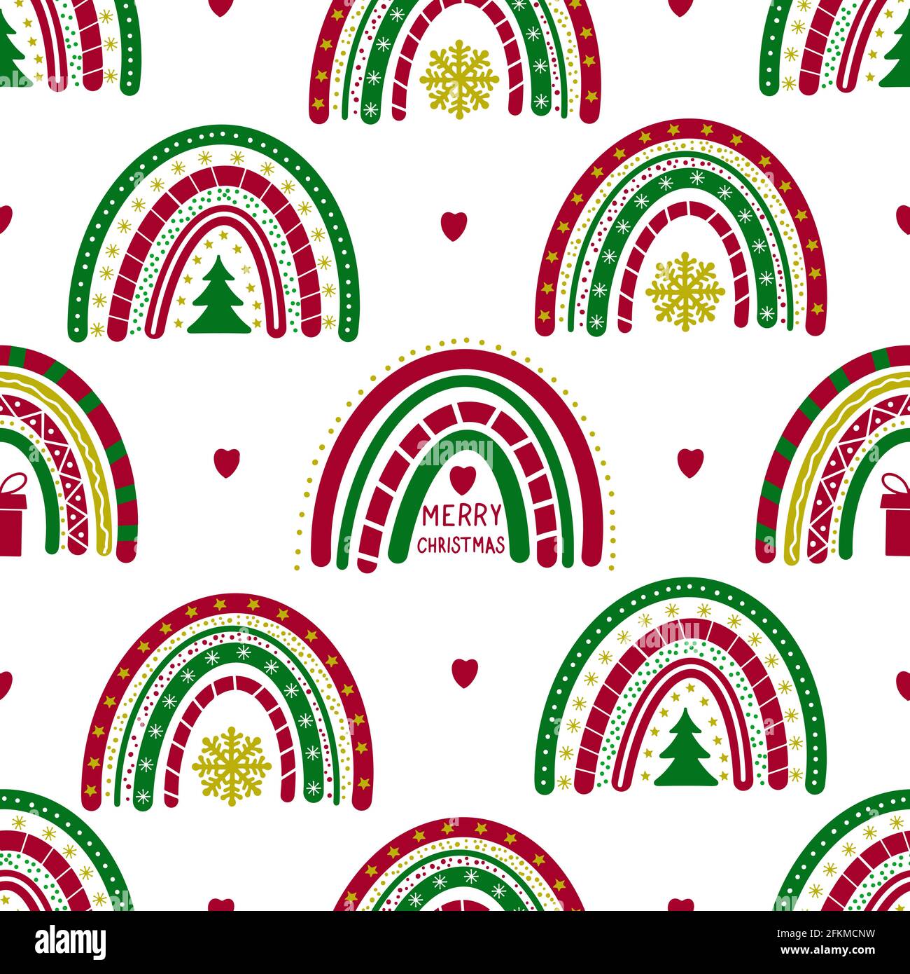 Christmas Boho Rainbows seamless pattern. Hand drawn winter holidays
