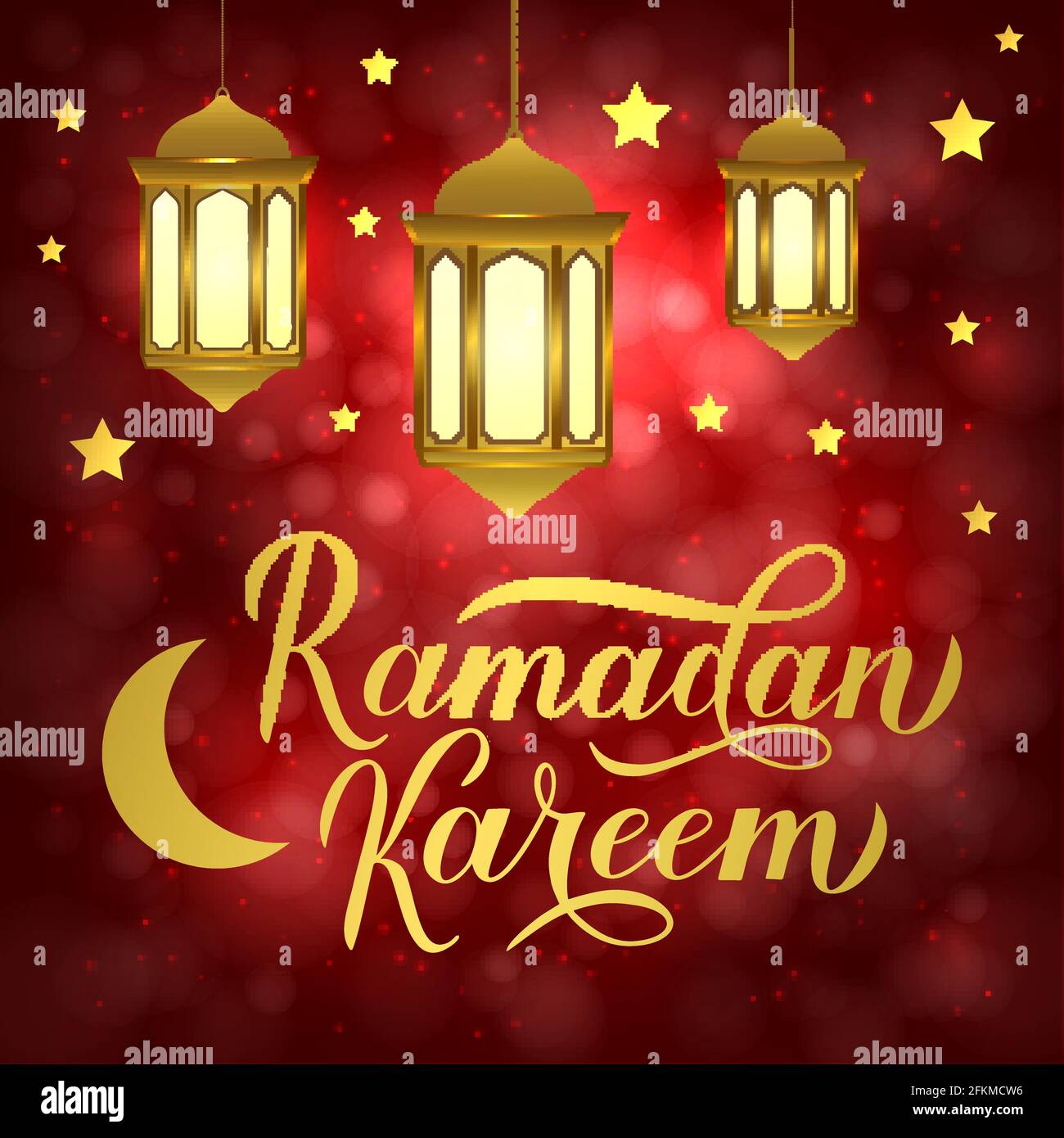 Ramadan Kareem gold calligraphy lettering with lanterns on red