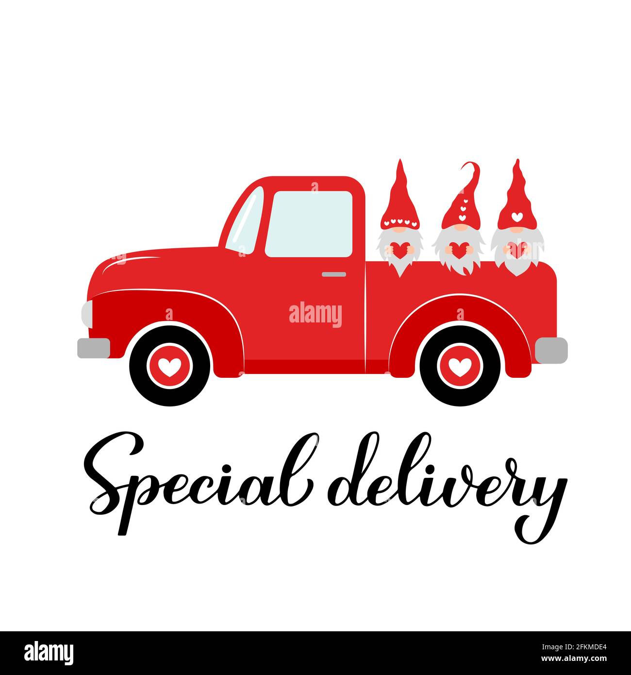 Valentines red retro truck and cute Nordic gnomes. Special delivery calligraphy hand lettering. Vector template for Valentine s Day greeting card, ban Stock Vector Image & Art - Alamy