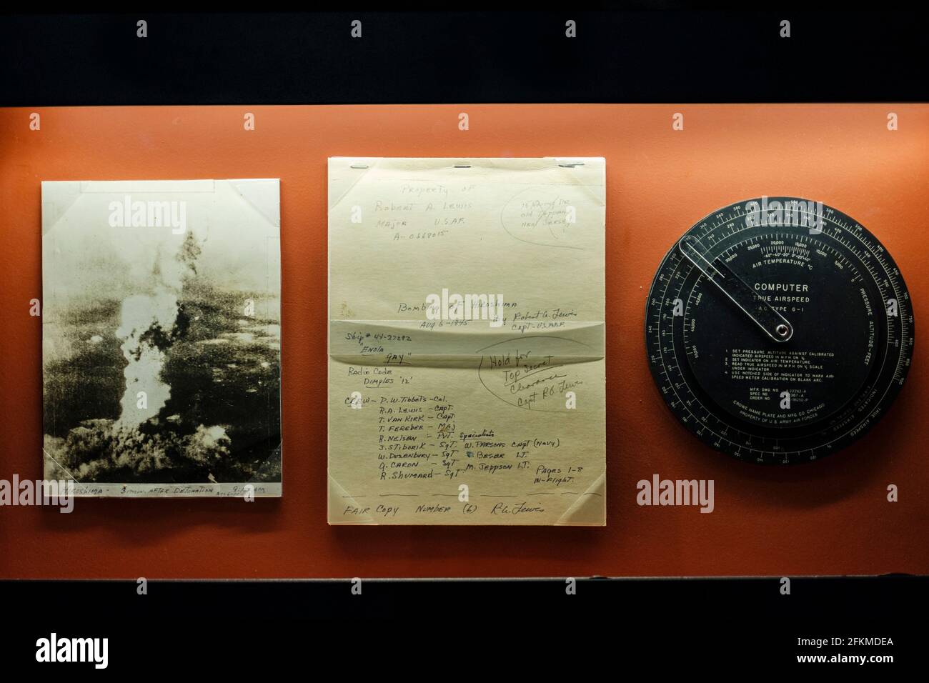 Enola Gay log book, true airspeed computer used during the August 6, 1945 atomic bomb mission over Hiroshima, The National WWII Museum, New Orleans Stock Photo