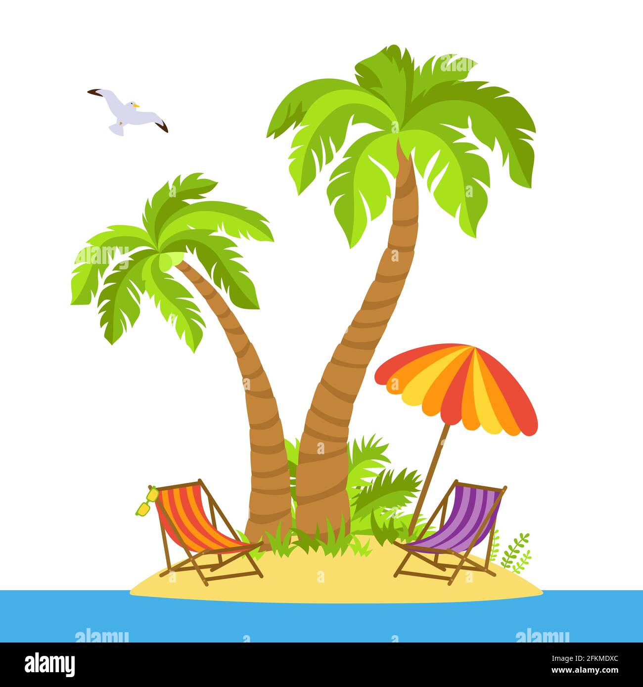Tropical beach flat cartoon island. Palm trees and sea sand, ocean landscape, beach chairs, glasses and umbrella, summer relaxation concept. Coconut palm hand drawn summer beach vector illustration Stock Vector Image & Tropical beach flat cartoon island. Palm trees and sea sand, ocean landscape, beach chairs, glasses and umbrella, summer relaxation concept. Coconut palm hand drawn summer beach vector illustration Stock Vector Image &