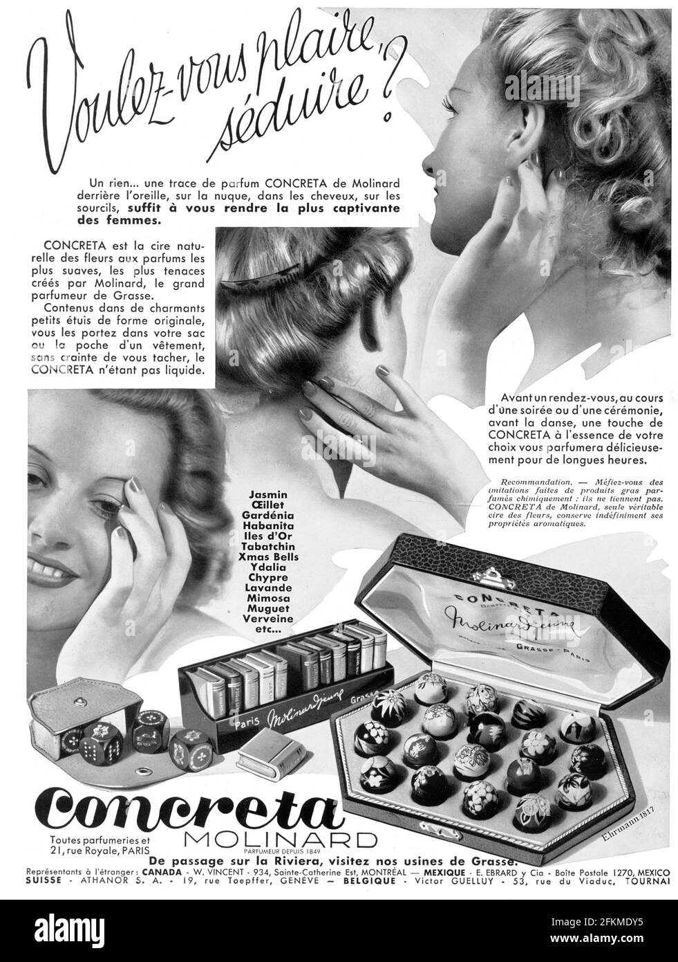 Vintage Conreta 'Molinard' Advertisement from L'Illustration 1939, poster quality, revived and enhanced, 600dpi Stock Photo