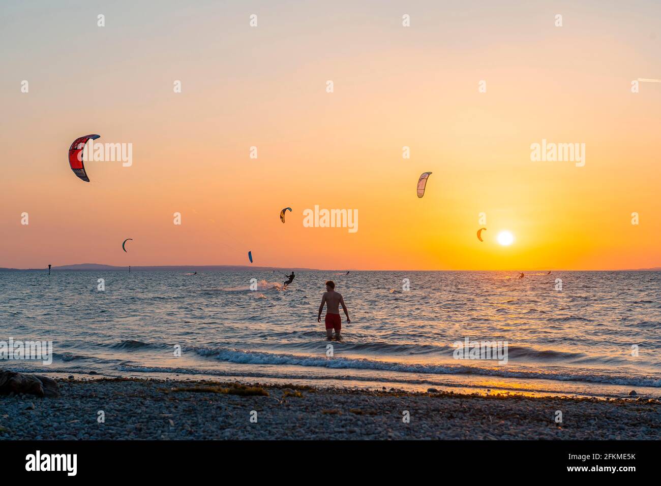 Sunset, Kitesurfer in Lake Constance, Bavaria, Germany Stock Photo