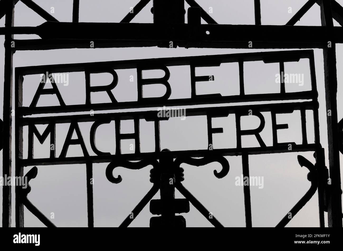 Gate with inscription, former concentration camp Dachau, memorial, Munich, Bavaria, Arbeit macht frei, Germany Stock Photo