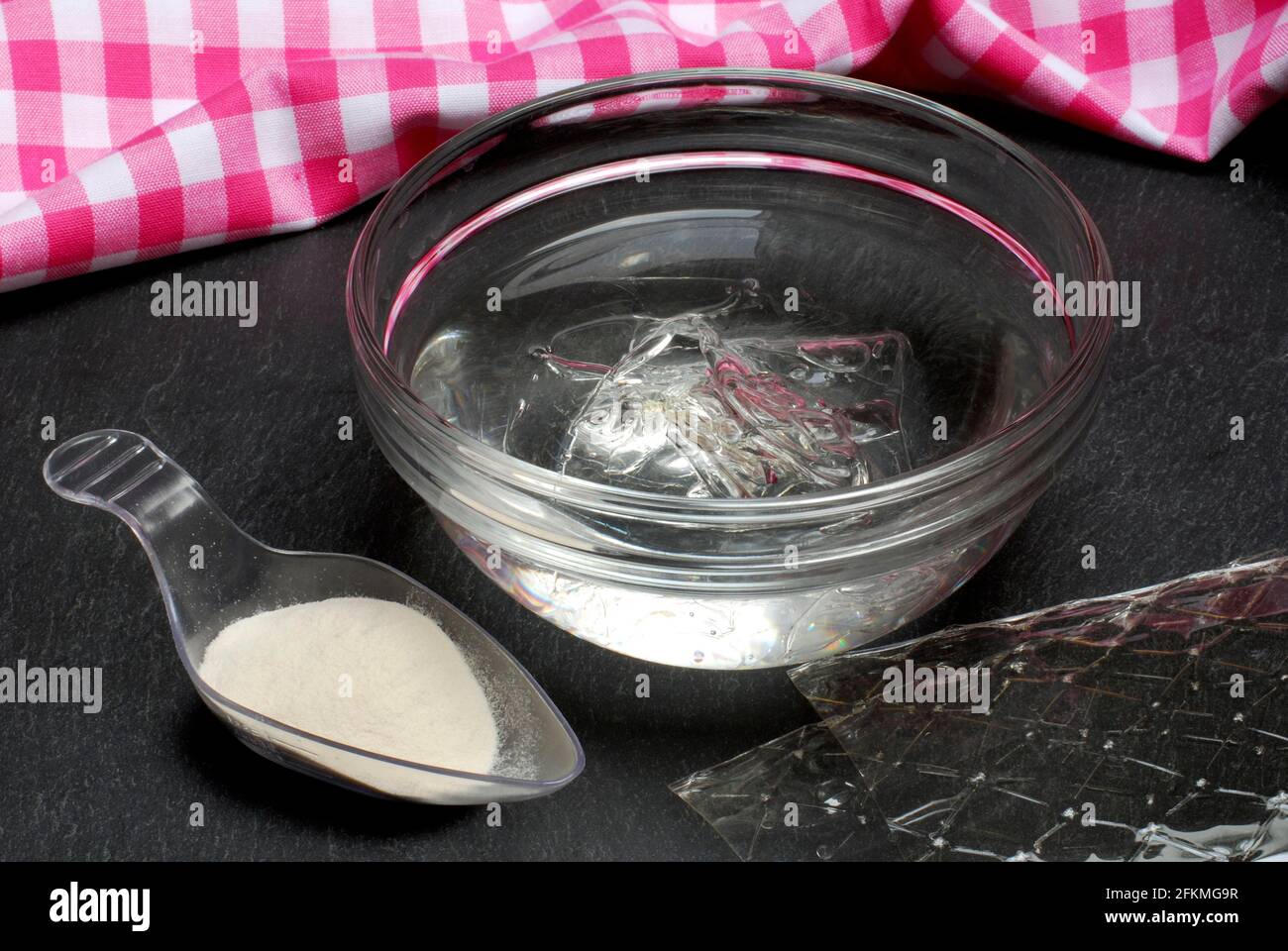 Leaf gelatine, soaked in bowl with water and agaragar, gelatine leaf
