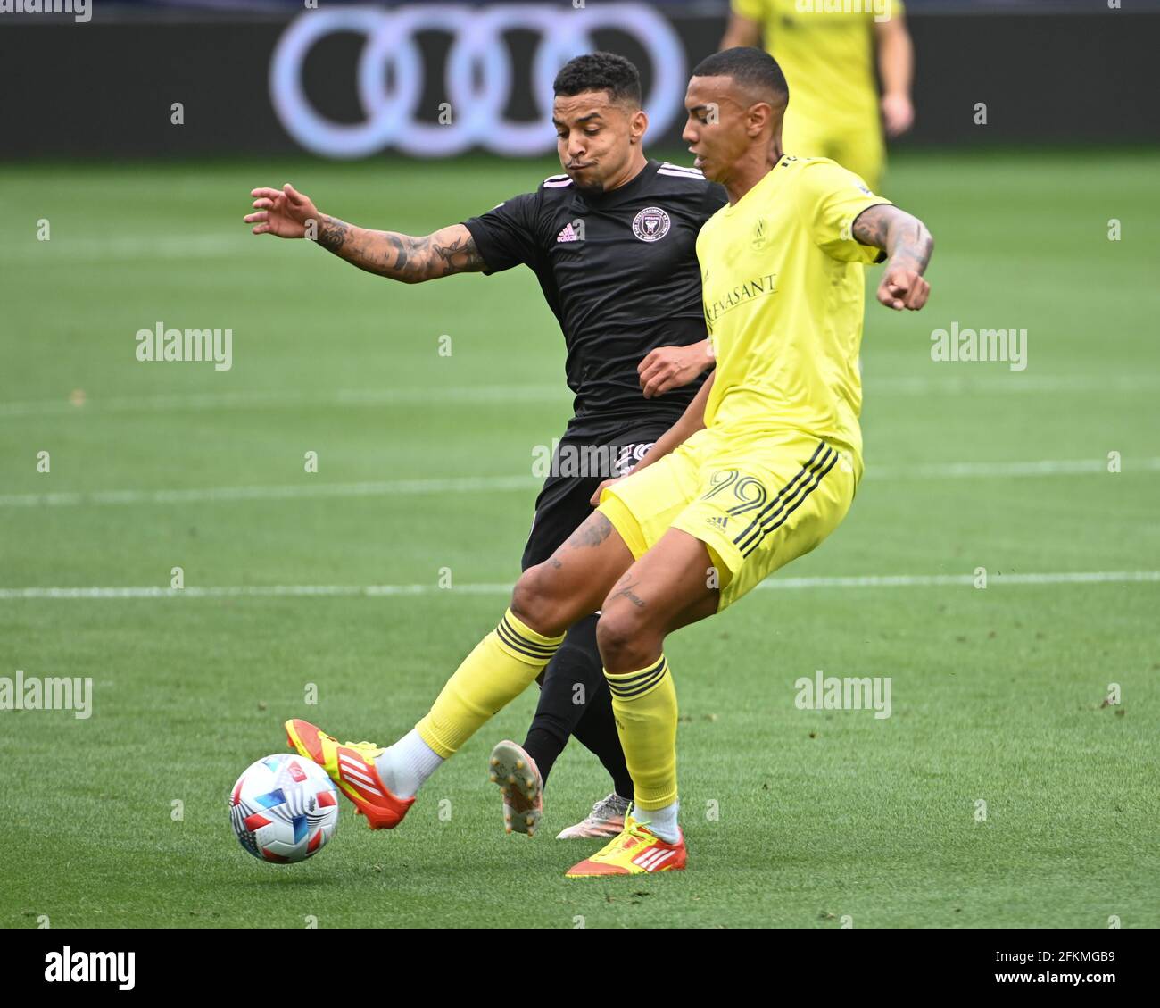 Nashville, TN, USA. 02nd May, 2021. Nashville forward, Jhonder Cadiz (99), and Inter Miami midfielder, Gregore (26), work for ball control during the MLS match between Inter Miami and Nashville SC at Nissan Stadium in Nashville, TN. Kevin Langley/CSM/Alamy Live News Stock Photo